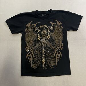 Rock Chang Y2K Skull Angel Wings T-Shirt Adult Size Small Short Sleeve Black Tee